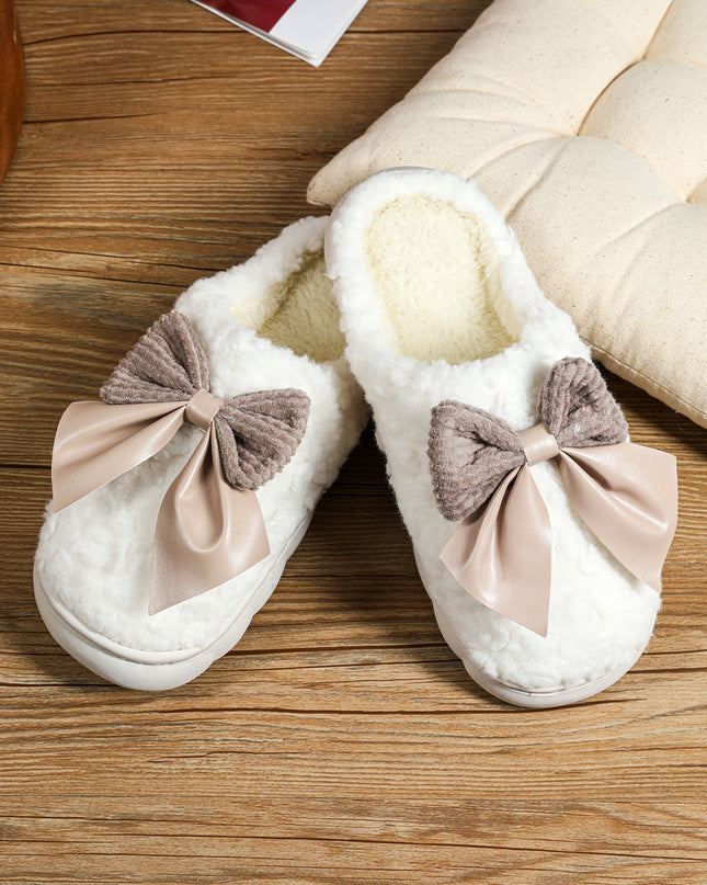 White Contrast Bowknot Applique Plush Winter Slippers (Colors May Differ by Batch)