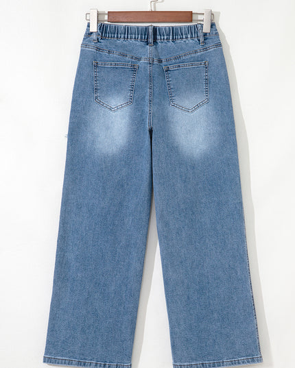 Stone Blue Star Patchwork Cropped Wide Leg High Waist Jeans
