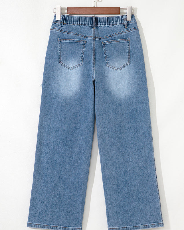 Stone Blue Star Patchwork Cropped Wide Leg High Waist Jeans