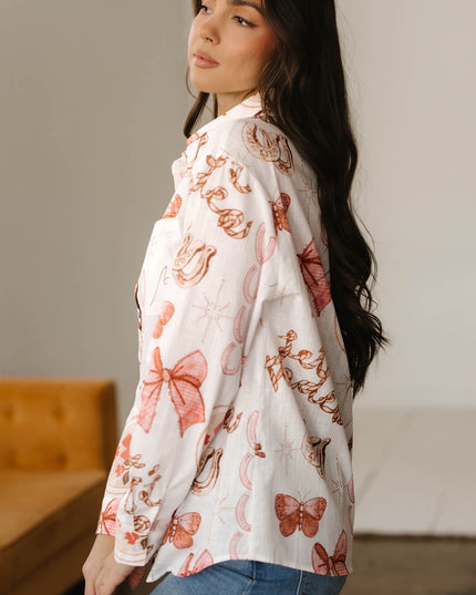 White Rodeo Cowgirl Print Western Button up Shirt