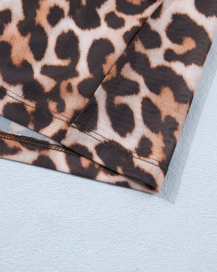 Brown Plus Size Mock Neck Leopard Mesh Top