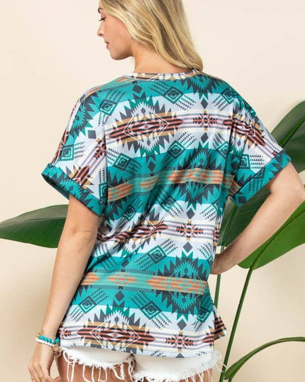 AT1291-MARTHA AZTEC PRINT FOLDED SLEEVE THERMAL TOP