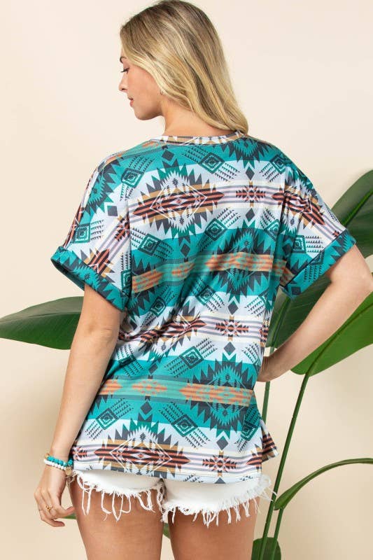 AT1291-MARTHA AZTEC PRINT FOLDED SLEEVE THERMAL TOP