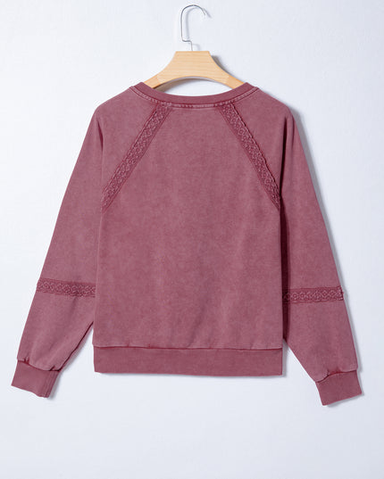 Sail Blue Lace Patchwork Detail Notched Neck Mineral Wash Baggy Sweatshirt