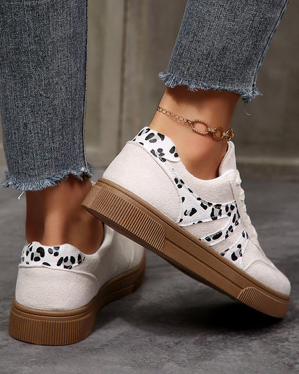 White Suede Leopard Color Block Trim Lace-up Casual Shoes