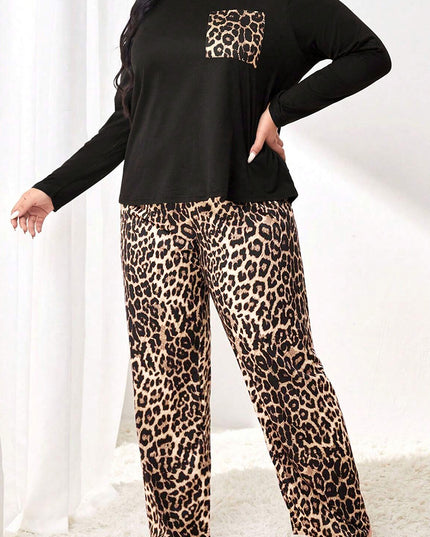 Black Leopard Patched Pocket Long Sleeve Top Plus Size Pants Set