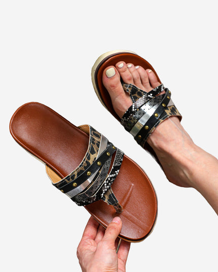 Leopard Studded Animal Print Flip Flop Sandals