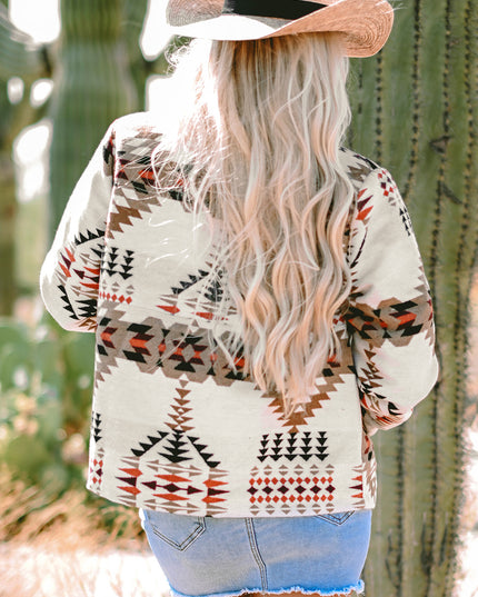 Beige Aztec Printed Stand Neck Zip Up Jacket
