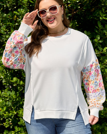 White Plus Size Exposed Seam Detail Contrast Dot Floral Patchwork Sleeve Sweatshirt