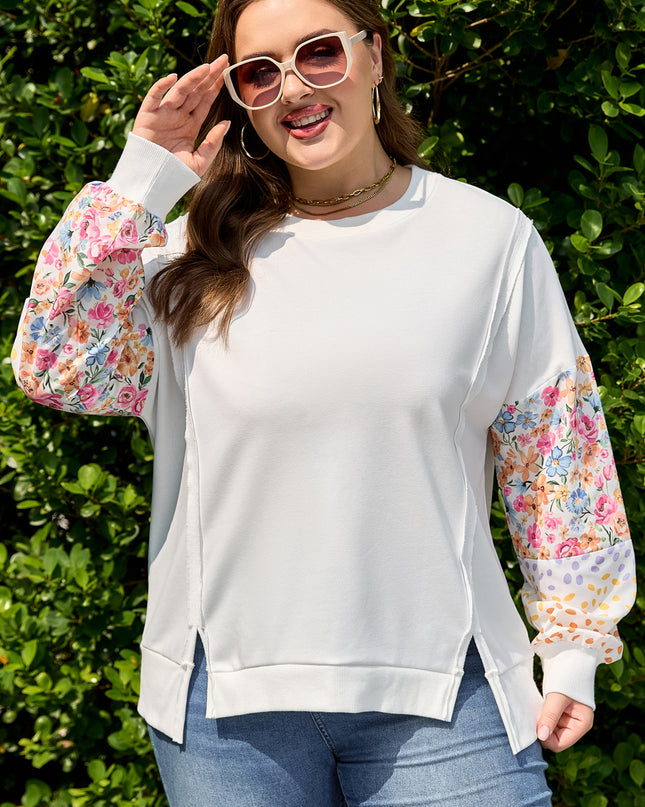 White Plus Size Exposed Seam Detail Contrast Dot Floral Patchwork Sleeve Sweatshirt