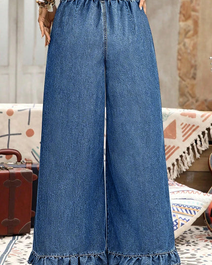 Ashleigh Blue Plus Size Elastic Waist Ruffled Wide Leg Denim Pants