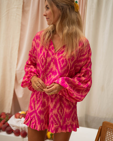 Rose Western Aztec Geometric Print Top and Ruffled Shorts Set