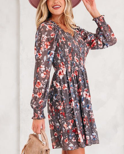 Brown Frilly Smocked Bodice Floral Mesh Long Sleeve Mini Dress