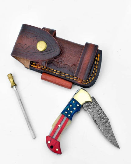 Damascus steel pocket knife Limited Run Titan Patriot TF-055
