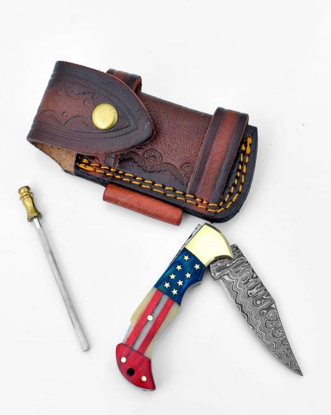 Damascus steel pocket knife Limited Run Titan Patriot TF-055