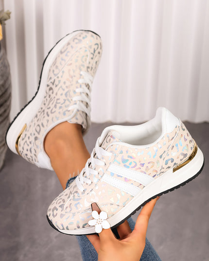 White Leopard Print Lace-Up Low-Top Sneakers with Rubber Sole