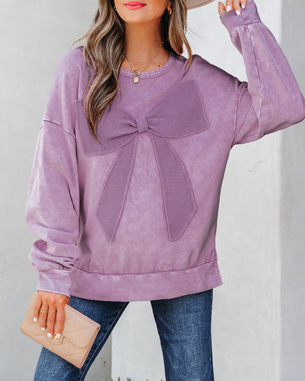 Light French Beige Mineral Wash Big Bow Patchwork Pullover Sweatshirt