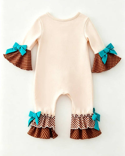 Cream western printed baby romper with bell sleeves and snaps. RPG65077 SOL