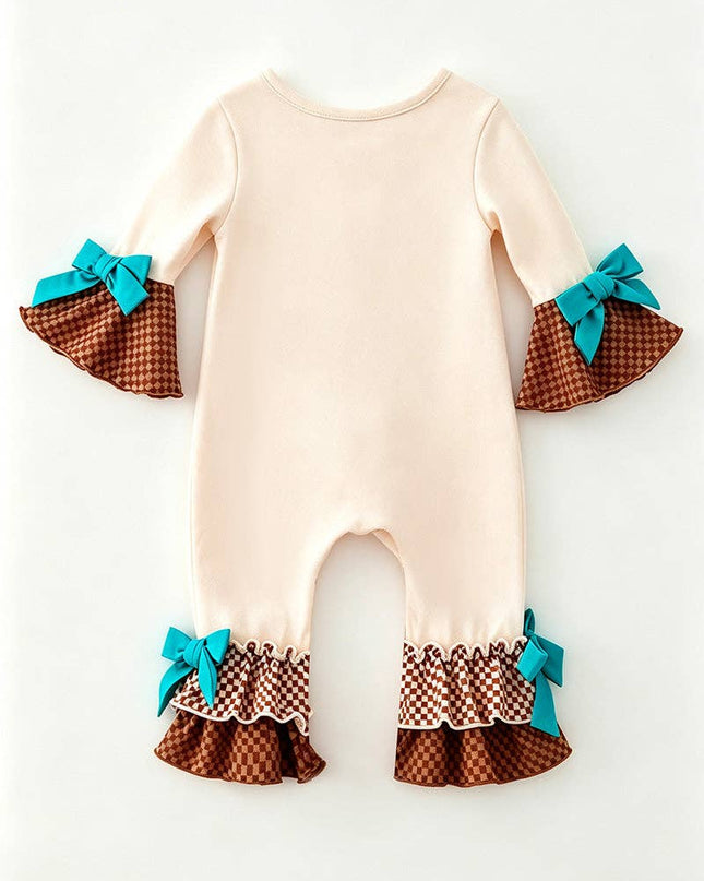 Cream western printed baby romper with bell sleeves and snaps. RPG65077 SOL