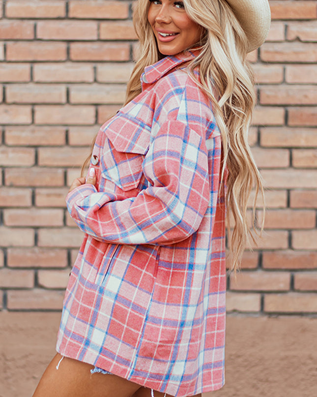 Pink Plaid Flap Pocket Button Up Shacket