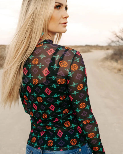 Black Western Aztec Printed Long Sleeve Mesh Top