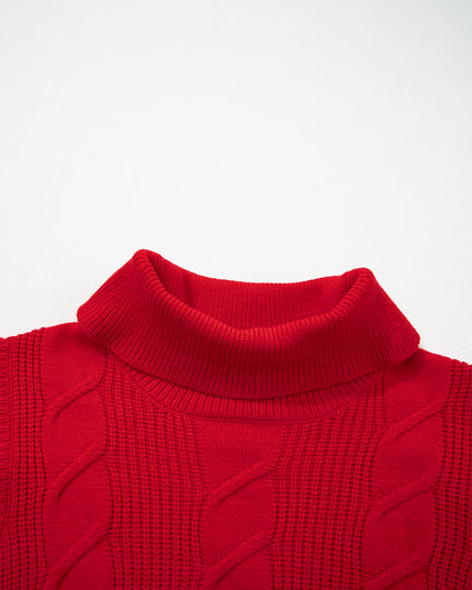 Tomato Red Cable Knit Turtleneck Ruffled Short Sleeve Sweater