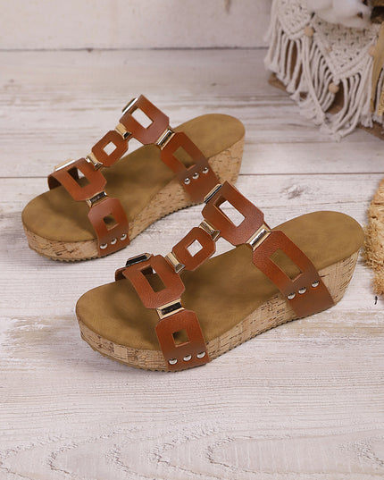 Coffee Retro Hollowed PU Leather Wedge Platform Slippers