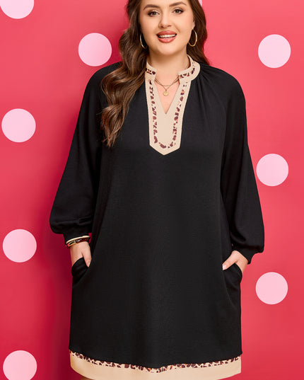 Black Contrast Color Block Leopard Trim Plus Size Ribbed Dress