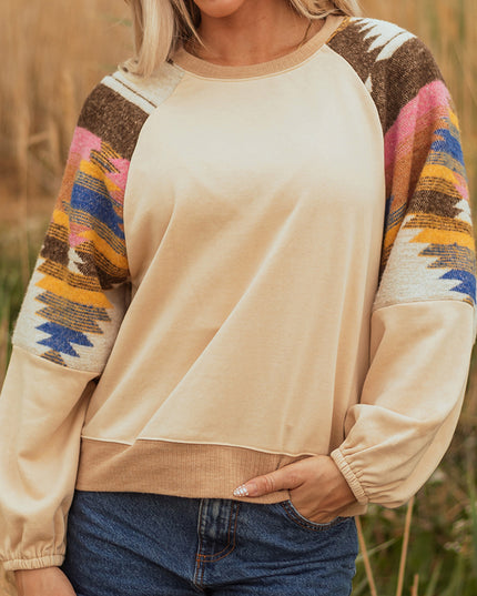 Light French Beige Aztec Patchwork Raglan Pullover Sweatshirt