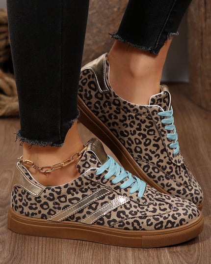 Coffee Faux Suede Leopard Print Sleek PU Leather Detail Lace Up Sneakers