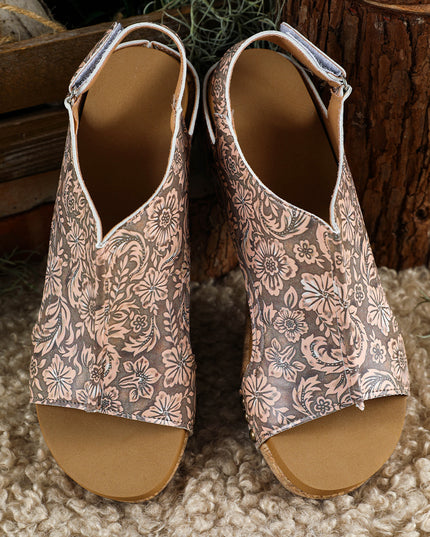 Brown Vintage Floral Leather Rivet Hollowed Platform Sandals