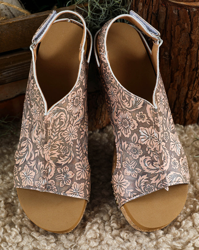 Brown Vintage Floral Leather Rivet Hollowed Platform Sandals