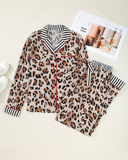 Dearlove Khaki Leopard Print Colorblock Striped Edge Shirt and Pants Pajama Set