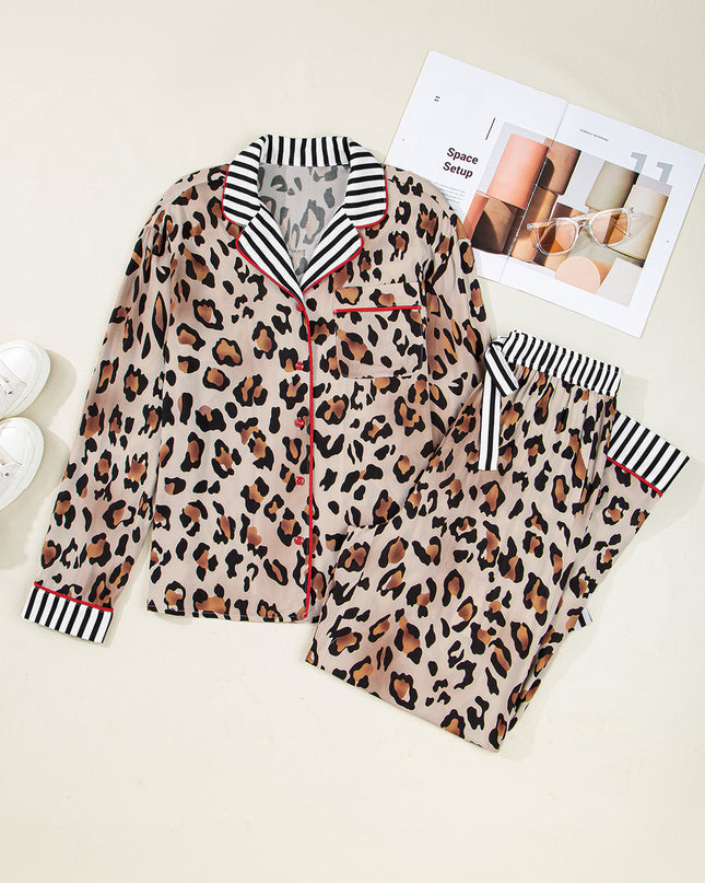 Dearlove Khaki Leopard Print Colorblock Striped Edge Shirt and Pants Pajama Set