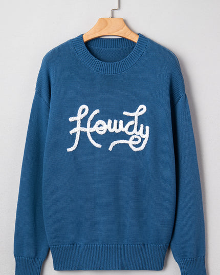 Dusk Blue Howdy Embroidered Graphic Western Sweater