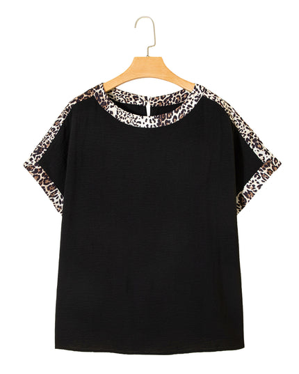 Black Plus Size Leopard Patchwork Round Neck Loose Tee