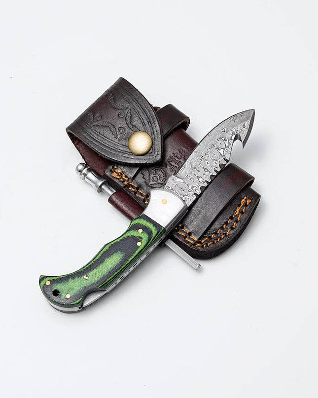 Green Micarta Damascus Gut Hook Hunting Knife