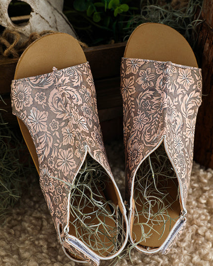 Brown Vintage Floral Leather Rivet Hollowed Platform Sandals