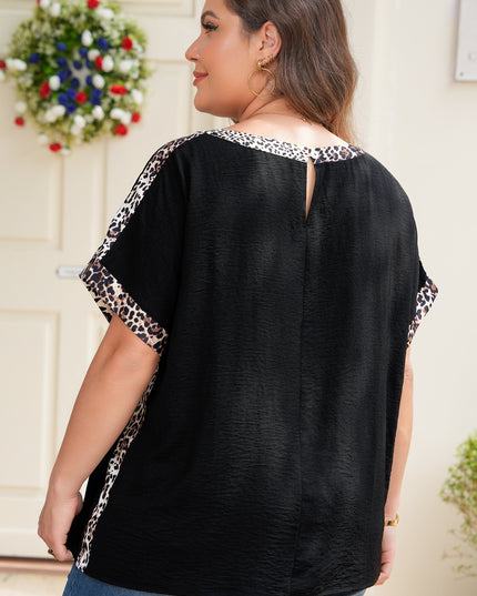 Black Plus Size Leopard Patchwork Round Neck Loose Tee