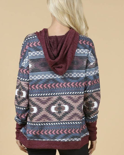 KC020-TANIA AZTEC PRINT COLOR BLOCK HOODIE