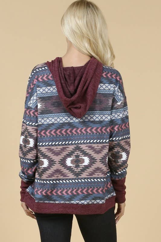 KC020-TANIA AZTEC PRINT COLOR BLOCK HOODIE