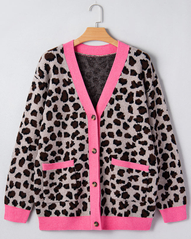 Khaki Oversize Color Block Trim Button Down Leopard Print Cardigan