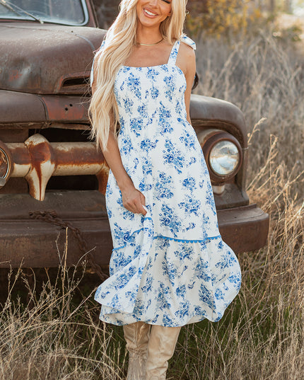 Sky Blue Floral Print Shirred Knot Shoulder Sleeveless Long Dress