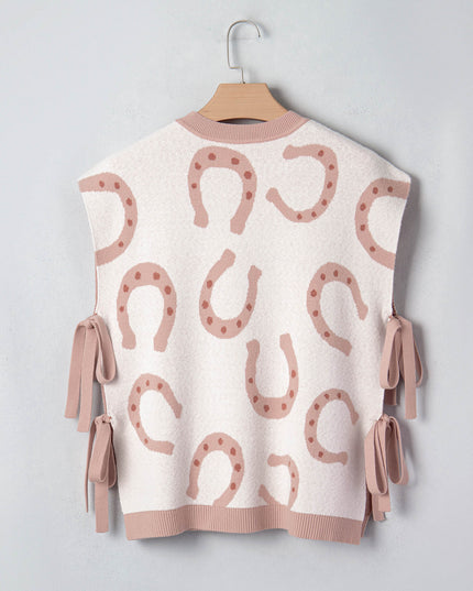 Beige Horse Shoe Western Print Tied Side Cap Sleeve Knitted T Shirt
