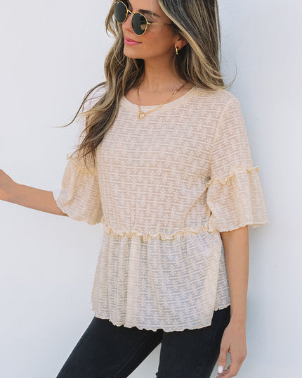 Beige Solid Color Textured Ruffled Short Sleeve Blouse