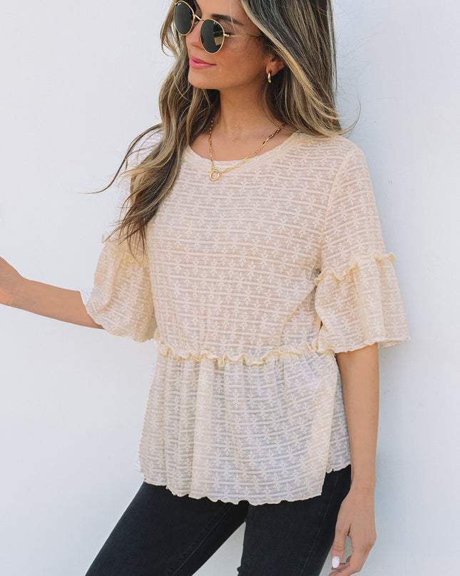 Beige Solid Color Textured Ruffled Short Sleeve Blouse