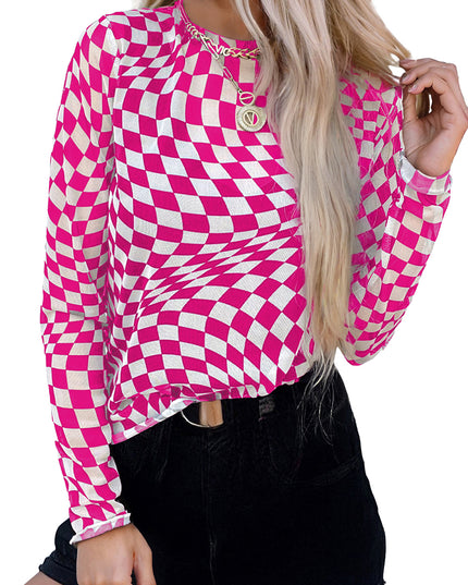 Rose Checkered Pattern Mesh Mock Neck Long Sleeve Top