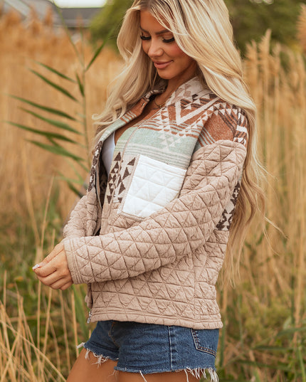 Light French Beige Aztec Quilted Patchwork Western Fashion Jacket