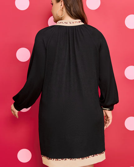 Black Contrast Color Block Leopard Trim Plus Size Ribbed Dress