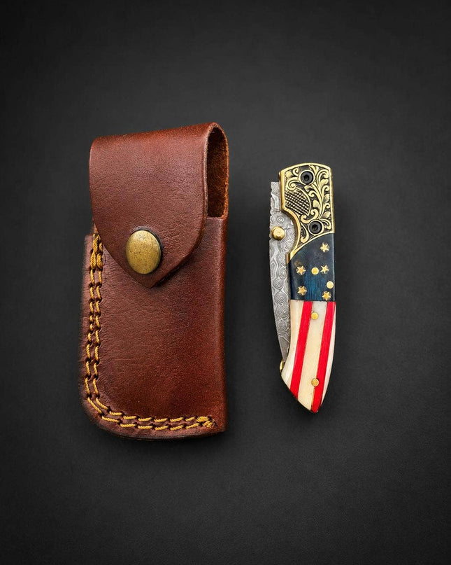 Premium Damascus Steel Folding Pocket Knife – Patriotic Edition with Leather Sheath TF-102